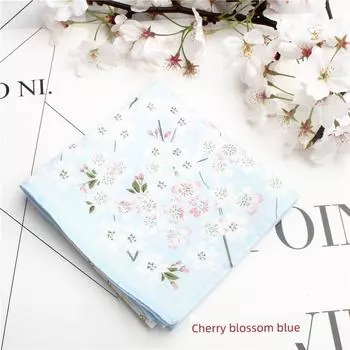 Women s Cotton and Sealed Pure Cotton Handkerchief Thin Handkerchief Japanese Style Print Old-Fashioned Cherry Blossom Blue -45cm