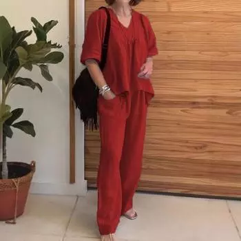 Women s Cotton Linen 2-Piece Set V-Neck Short Sleeve Top And Wide Leg Pants Set Casual Loose Loungewear Outfit S темно-синий