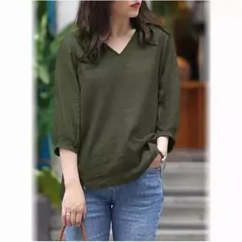 Women s Cotton Linen High-low Slit Hem V-neck Seven Quarter Sleeve Shirt Blouses & Shirts S серый
