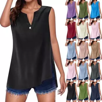 Women s Cotton Linen Solid Colour Sleeveless Shirt V-Neck With Buttons Loose Blouse S фиолетовый