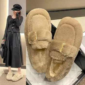 Women s Cotton Shoes 2024 Winter New Korean Version Plush Fluffy Warm Comfort Cotton Shoes Outdoor Home Indoor Belt Buckle Shoes 35 абрикосовый