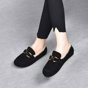 Women s cotton shoes autumn and winter new square buckle Mao Mao shoes round head flat bottom comfortable women s shoes soft sole soft surface women 35