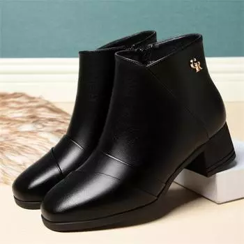 Women s Cotton Velvet Fashion Leather Boots British Style 2024 New Natural Warm Winter Non-slip Comfortable Ankle Boots 35(Foot22.5cm)