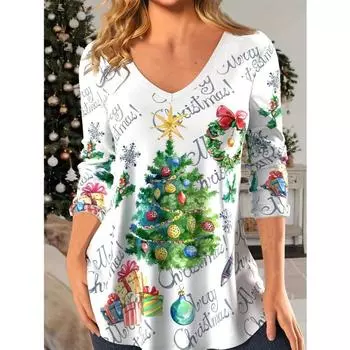 Women s Cozy Christmas Graphic Casual V Neck Spring Fall Seasons Comfortable Holiday Wear Curvy Ladies S