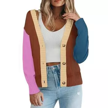 Women s Cropped Cardigan Fall Button Sweaters V Neck Long Sleeve Cardigans Knit Outwear S синий