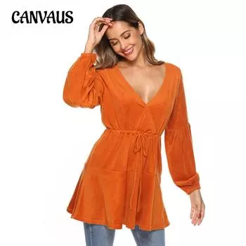 Женский плюшевый топ с длинными рукавами и V-образным вырезом S оранжевый