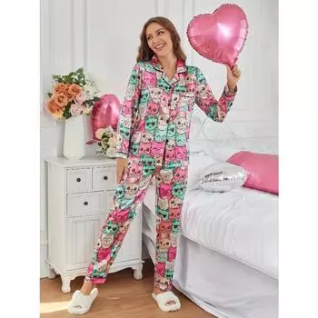 Women s Cute Cartoon Cat Print Satin Pajama Set, Long Sleeve Buttons Lapel Top & Pants, Comfortable Relaxed Fit For Fall S