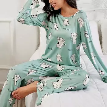 Women s Cute Pajamas Set Green Cat Print Long Sleeve Top Pants Sleepwear Loungewear 2 Piece Set Soft Comfortable Pyjama S зелёный