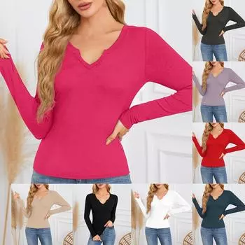 Женская футболка с глубоким U-образным вырезом и длинными рукавами L чёрный