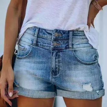 Женские джинсовые джинсы, рваные джинсовые шорты, джинсовые шорты с закатанным краем, джинсовые шорты с двумя пуговицами, большие размеры XXL синий