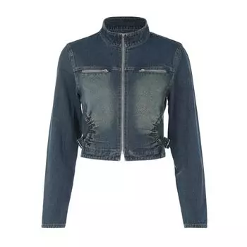Women s Denim Long-Sleeved Tops Brushed Zipper Cardigan Blue Outwear S