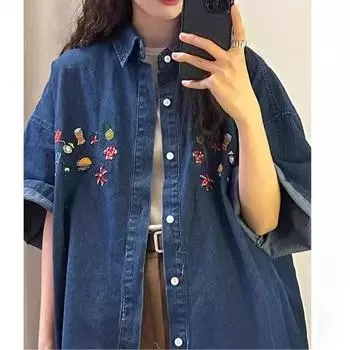 Women s Denim Short Sleeve Shirt Floral Embroidered Loose Fit Vintage Shirts Casual Button Down Comfort Summer Lady Top S
