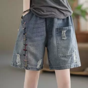 Women s Denim Shorts Ripped Hot Pants Korean Baggy High Waist Embroidery Woman Jeans Blue Summer Clothes Wide Tailoring New S
