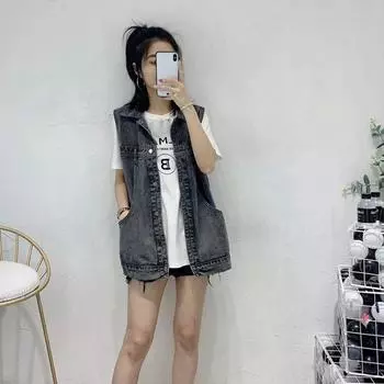 Женский джинсовый жилет женский корейский вариант свободного жилета без рукавов жилет женский XS черный серый