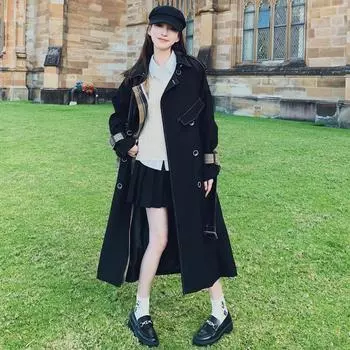 Women s Design Niche Contrast Color Black Windbreaker Jacket Women s Mid-Length Spring and Autumn New Style Coat S чёрный