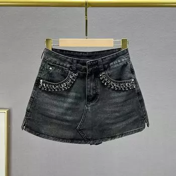 Women s Diamond Denim Skirt Short Culottes 2025 New Arrival Summer High Waist Silm Slim Looking European Goods Distressed Skirt Black L