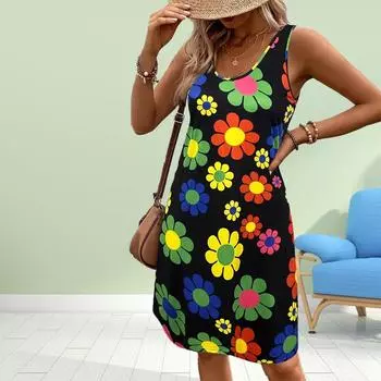 Женское платье без рукавов с цветочным принтом и круглым вырезом, свободное, мягкое и удобное, большого размера XS чёрный