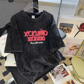 Women s Do Old Vintage Washed Letters Short Sleeve Design Sense Niche Drawstring Spice Girls Short T-shirt M чёрный