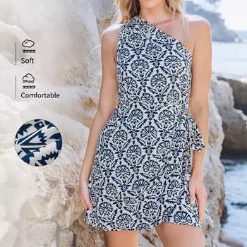 Women s Dress Spring and Summer Casual Printed Off-the-shoulder Dress S тёмно-синий