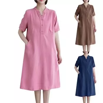 Женское платье летнее новое литературное свободное однотонное хлопковое льняное платье с V-образным вырезом и короткими рукавами средней длины L кофейный