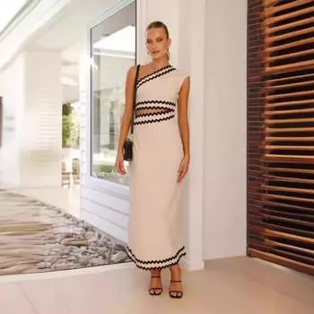 Women s Dress Temperament Elegant Diagonal Neckline Lace Patchwork Long Dress S чёрный/белый