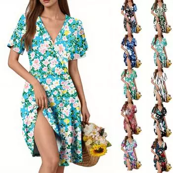 Women s Dress Trumpet Sleeves Short Sleeves Casual Floral V-neck Dress L