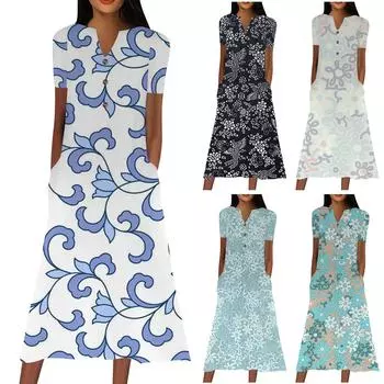 Женское платье с V-образным вырезом, на пуговицах, с короткими рукавами, с цветочным принтом и карманами XL синий