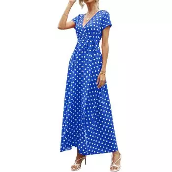 Women s Dresses Casual Elegant Waisted Polka Dot Split V-Neck Short Sleeve Dresses L синий