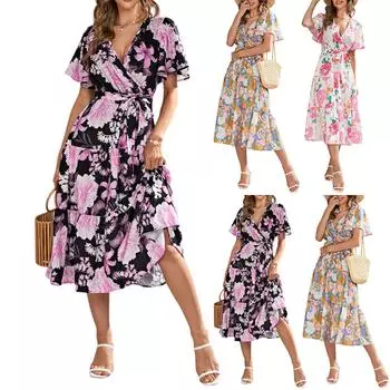 Women s Dresses Printed V-Neck Waisted Mid-Length Short Sleeve Dresses M жёлтый
