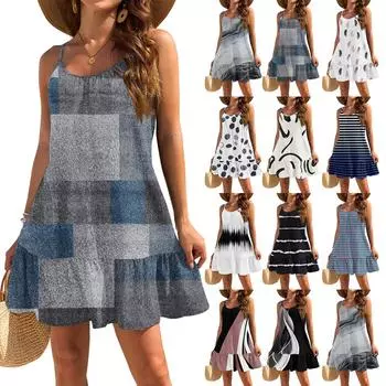Women s Dresses Sleeveless Loose Casual Geometric Print Hem Pleated Beach Dresses XXL