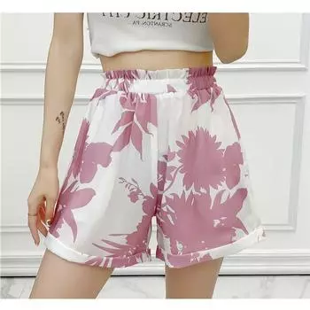Women s Elastic High-Waist Double Pockets All-Matching Casual Shorts Light purple Print S
