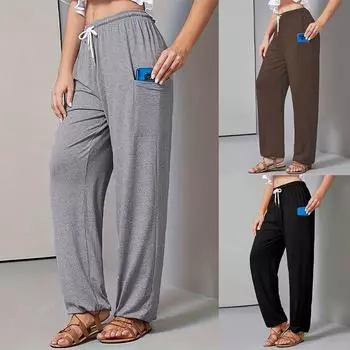 Женские эластичные брюки-шаровары с завязками на талии и высокой талией, брюки для йоги с боковыми вставками, повседневные карманы, прямые брюки L чёрный