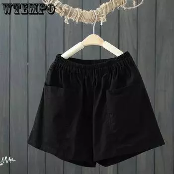 Women s Elastic Waist Shorts Plus Size Wide Leg Pants with Pocket Casual Pure Cotton Shorts Summer M чёрный