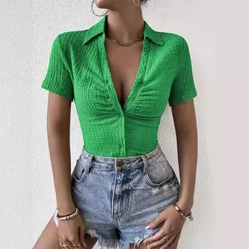 Женская элегантная однотонная модная дышащая трикотажная рубашка с коротким рукавом S зелёный