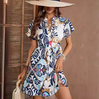 Women s Elegant Women s Bat Short Sleeve Fashion Print Hem Ruffled Dress S белый