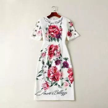 Women s European and American Catwalk Slim-Fit Printed round Neck Dress Picture Color S