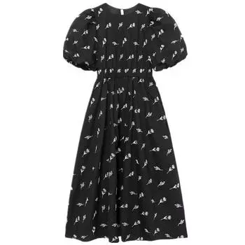 Women s European and American Style Black Poplin Dress Embroidery Black XS