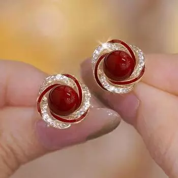 Women s Exquisite and Small Sterling Silver Needle Elegance Pearl Stud Earrings Red-oil pearl earrings