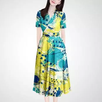 Women s Exquisite Yellow Printings Lace up Slim Fit Dress Lake Blue yellow Print S