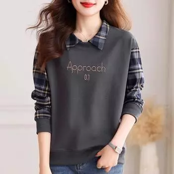 Женская толстовка из двух частей с имитацией вышивки, одежда на весну и осень, универсальная, тонкая, повседневная свободная рубашка и флисовый топ M темно-синий