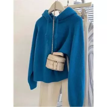 Women s Fall and Winter Design Lazy Wind Knitted Sweater Spring Hooded Pullover Short Tops XL синий