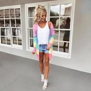 Женский осенне-зимний свободный полосатый свитер с длинными рукавами контрастных цветов S розовый