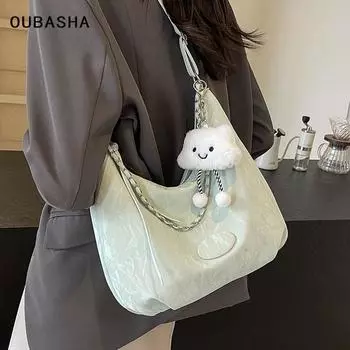 Women s Fall and Winter Niche Style Shoulder Tote Bag for Work Work Clothing Green with pendant