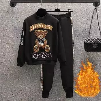 Women s Fall and Winter Padded and Thickened Warm Sports Suit Long-sleeved Round Neck Sweatshirt + Sweatpants Casual Two-piece Set 3XL