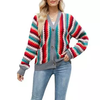 Women s Fall and Winter Striped Vs Neck Knit Casual Sweater S красный