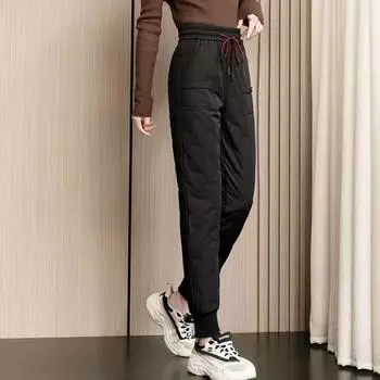 Женские осенние и зимние теплые пуховые брюки, легкие теплые брюки больших размеров, свободные повседневные теплые брюки в клетку со шнуровкой XXXXL