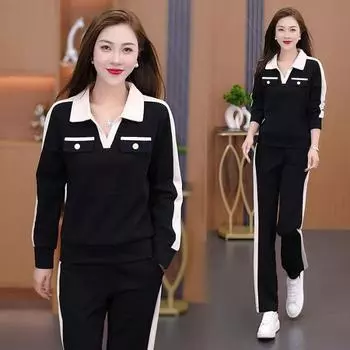 Women s Fall Casual Suit Ladies V-neck Long-sleeved Pullover Top + Wide-legged Pants Sports Two-piece Set 3XL