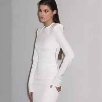 Женское осеннее модное однотонное платье с длинным рукавом и разрезом на молнии, плиссированное платье Spice Girl S белый