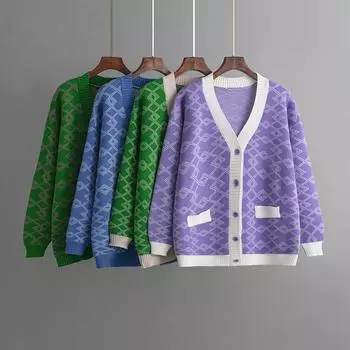 Women s Fall/Winter Jacquard Contrasting Loose Sweater Long Cardigan Jacket one size синий