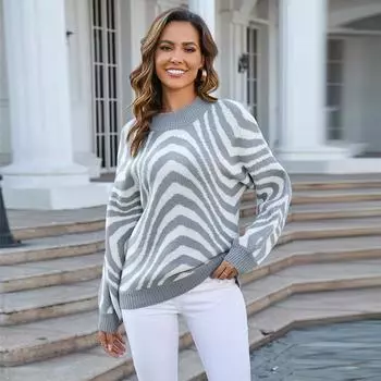 Женский свободный свитер с полуворотом и леопардовым принтом, осень/зима S серый